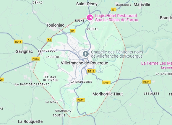 Carte de Villefranche-de-Rouergue (Aveyron) et ses environs, avec un périmètre délimité par des pointillés rouges. Villes et routes clés visibles.