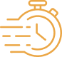 Icône orange d'un chronomètre avec lignes de mouvement, symbolisant la vitesse et la rapidité.