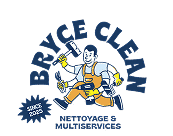 Logo Bryce Clean: cleaner souriant multi-bras avec outils (serpillière, raclette, aspirateur). Nettoyage & Multiservices depuis 2023.